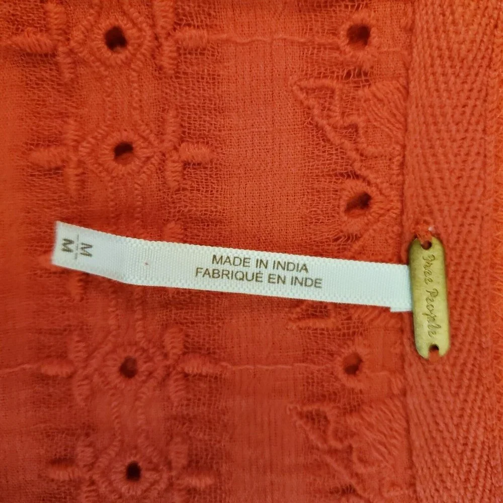 Free People Womens M Top Red Flared Sleeve Eyelet Embroidered V-Neck Blouse - Picture 9 of 12